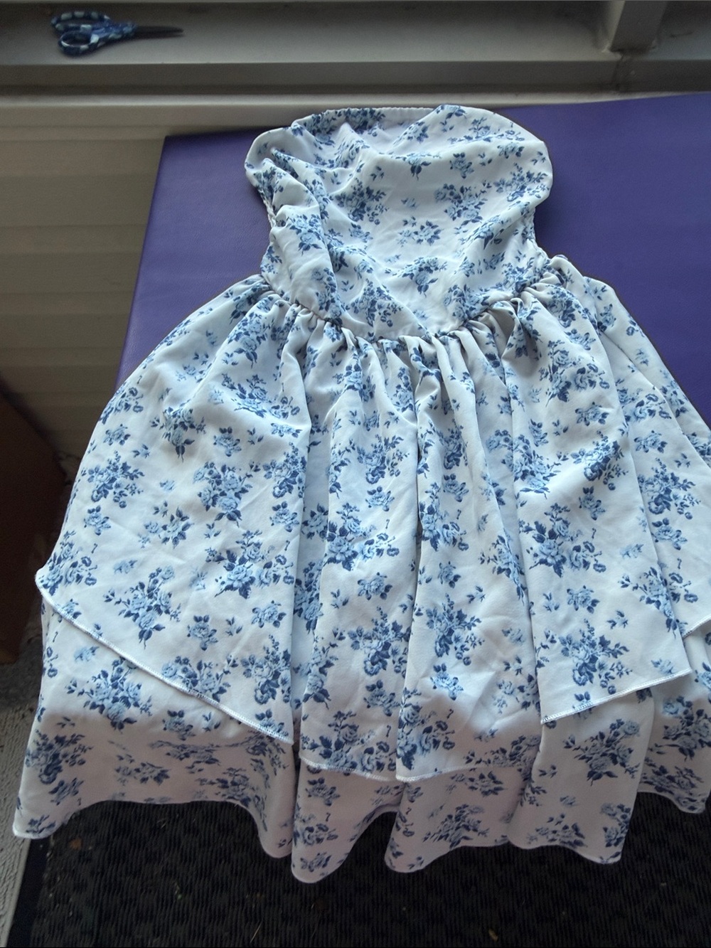 SHEIN White Strapless Floral Dress with Blue Print